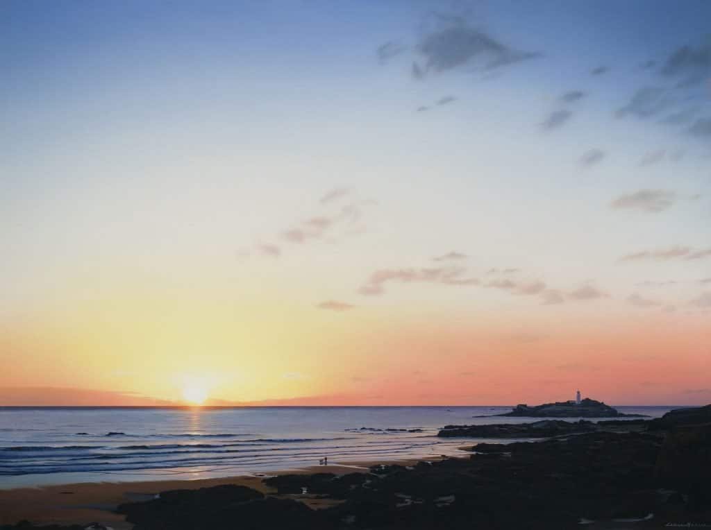 Sunset over Godrevy lighthouse from the dunes, Cornwall