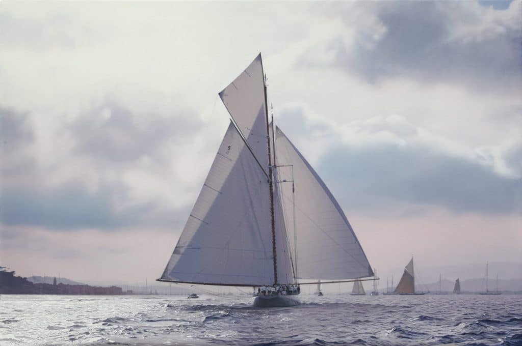 Light Airs to the Finish - classic yacht ghosting to the line, painting by Jamie Medlin