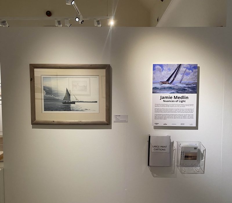 Framed seascape and wall text panel at the Jamie Medlin exhibition entrance