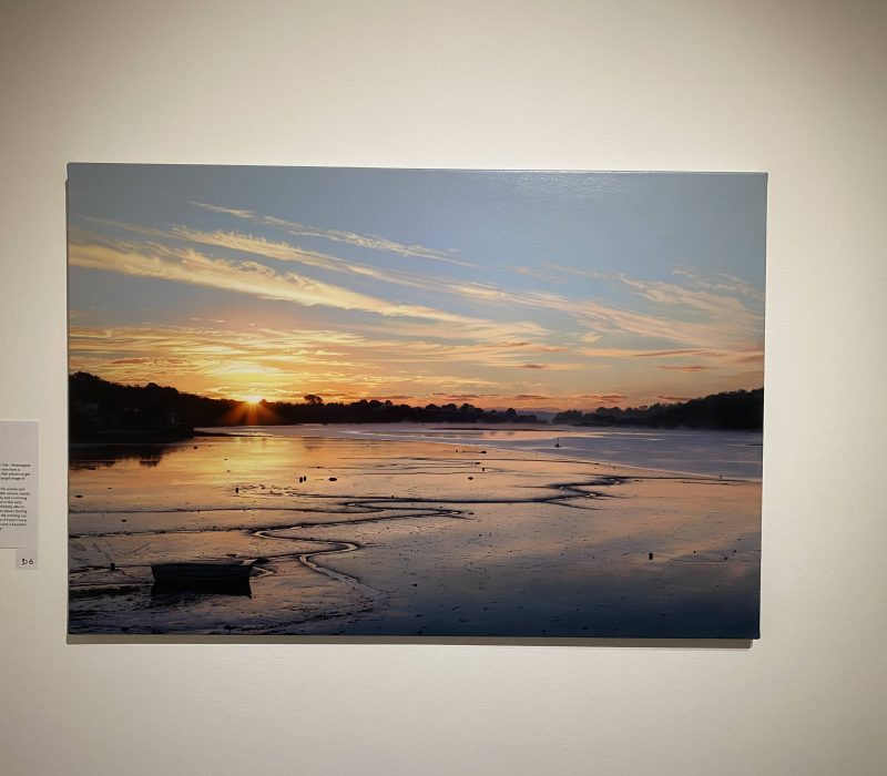 Golden sunset estuary painting by Jamie Medlin on the gallery wall