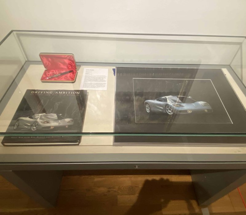 Exhibition display case with sketches and working materials from Jamie Medlin's studio