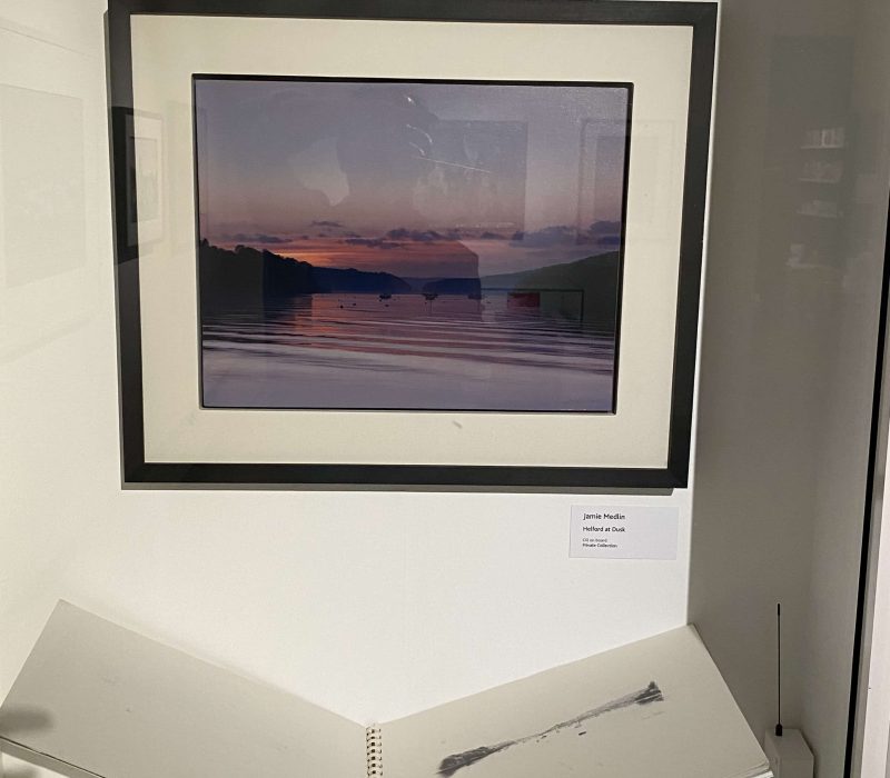 Framed pale misty seascape painting by Jamie Medlin on a gallery wall