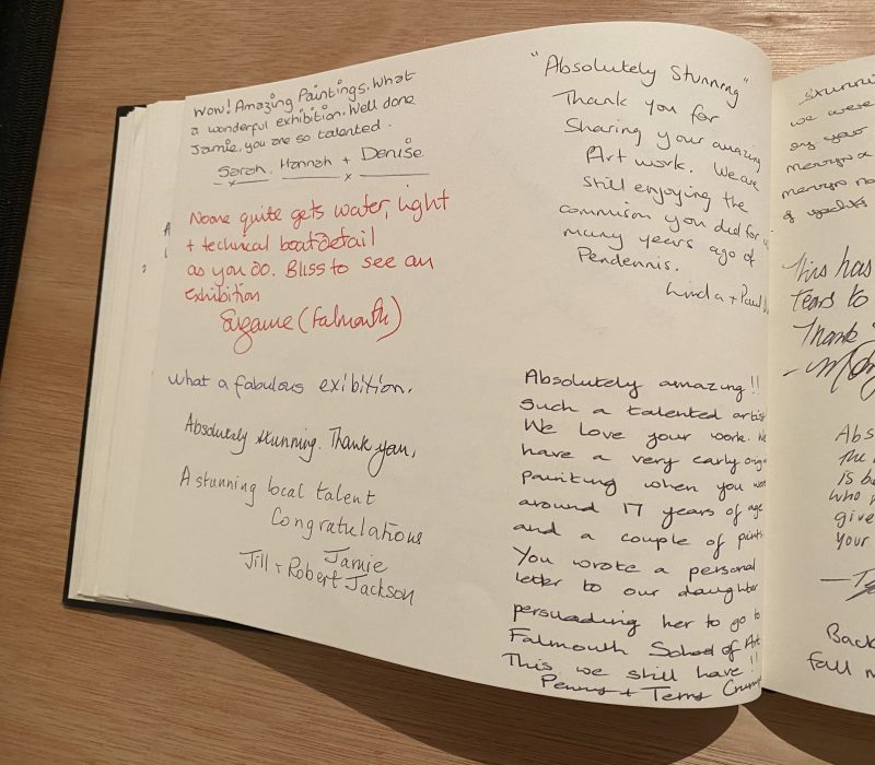 Visitor comments written in the guestbook at a Jamie Medlin exhibition