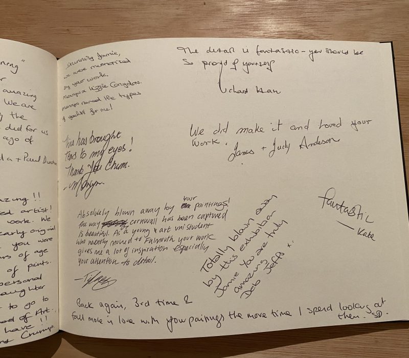 Handwritten guestbook page from a Jamie Medlin marine art show