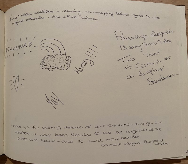 Guestbook page with sketches and comments from a Jamie Medlin exhibition