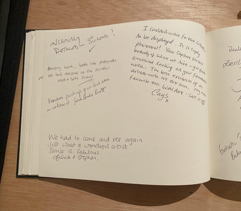 Handwritten guestbook messages from visitors to a Jamie Medlin exhibition