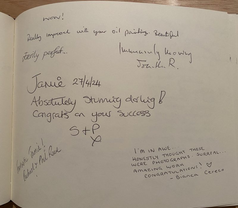 Exhibition guestbook page with handwritten visitor comments for Jamie Medlin