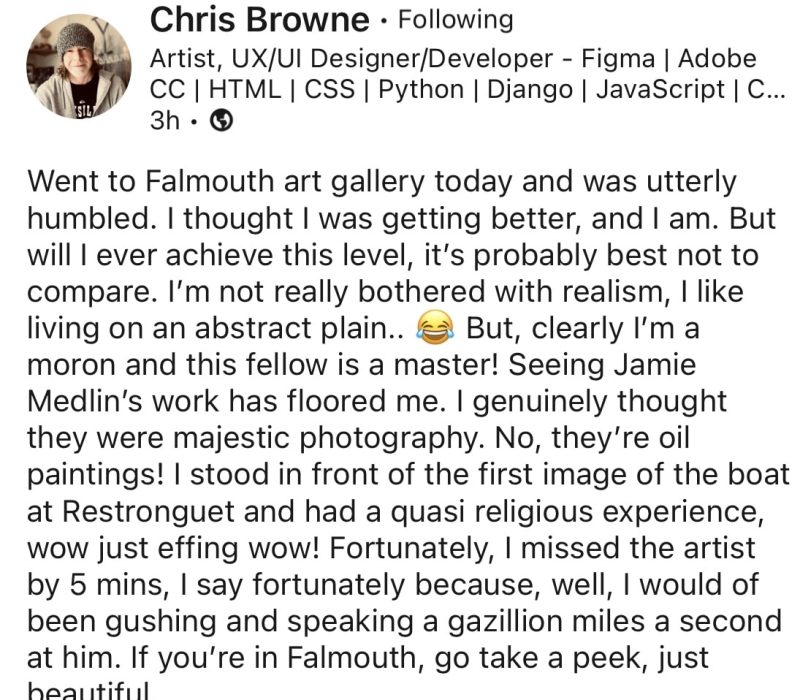 Social media post reviewing a visit to the Jamie Medlin gallery in Falmouth