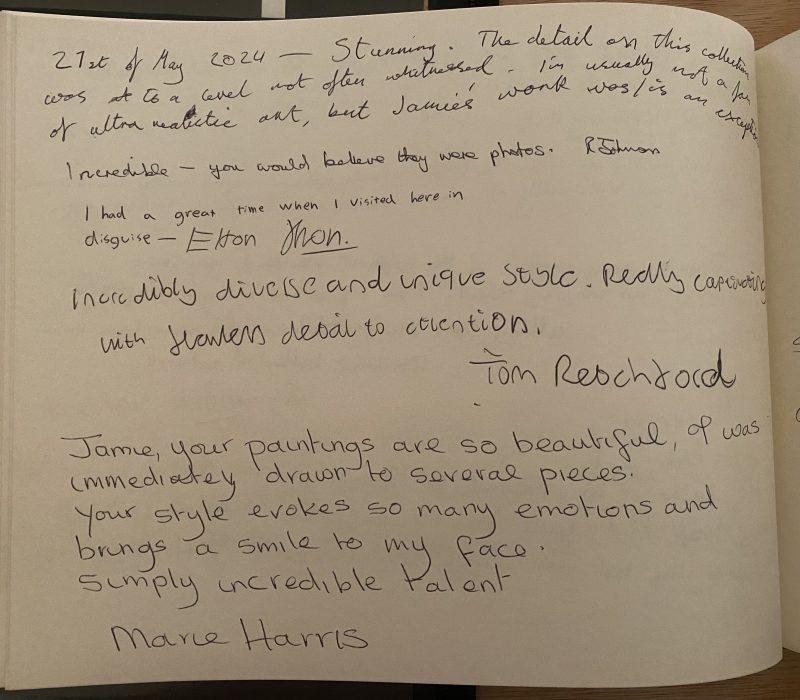 Guestbook page of handwritten visitor feedback at a Jamie Medlin exhibition