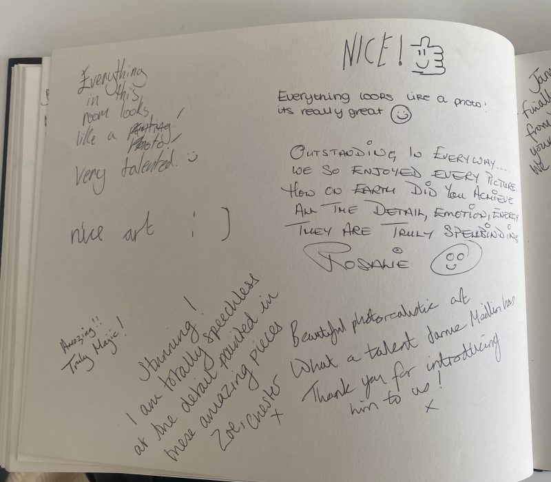 Handwritten notes of appreciation in the Jamie Medlin exhibition guestbook