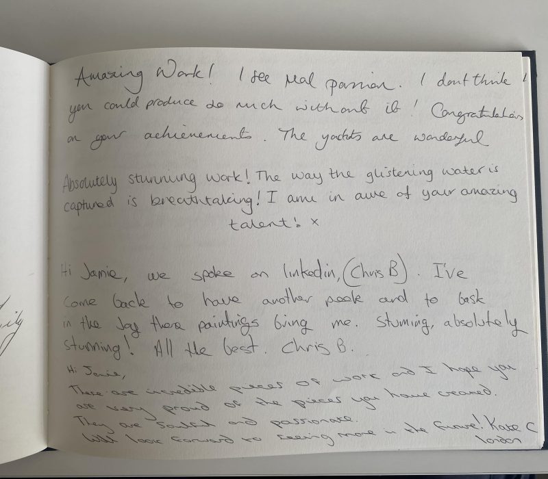 Handwritten guestbook entry praising the seascape paintings of Jamie Medlin